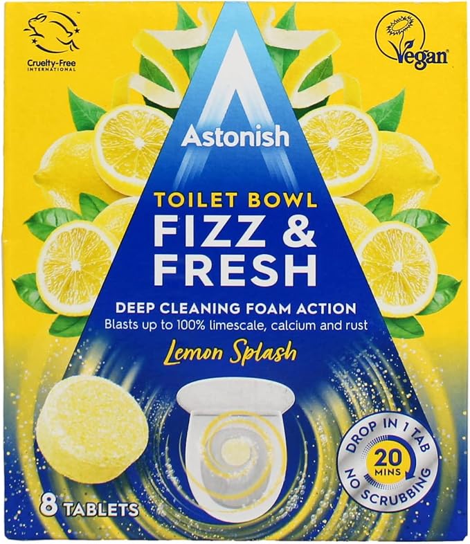 Astonish Foaming Lemon Splash Fizz & Fresh Bathroom Toilet Bowl Cleaner - Deep Cleaning Limescale, Calcium & Rust Stain Remover- No Spray Bottle Needed, Removes Hard to Reach Stains, 8 Tablets