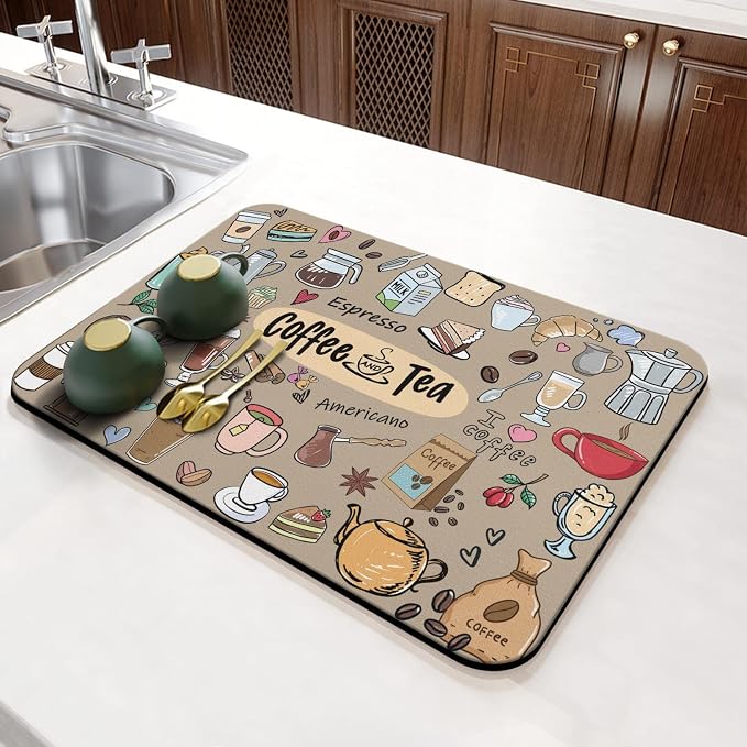 Coffee Bar Mat Accessories for Countertop Super Absorbent Anti-Slip Silicone Dish Drying Mats Kitchen Counter Draining Pad Decor Gift Fit Maker Pot Espresso Machine 23inx15in