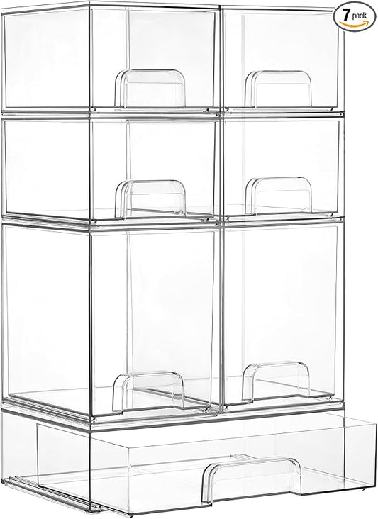 Vtopmart Stackable Storage Drawers Set of 7, Clear Plastic Organizer Bins for Baby Bottle, Beauty Supplies Storage, Ideal for Kichen Countertop, Vanity, Bathroom, Cabinet, Pantry Organization