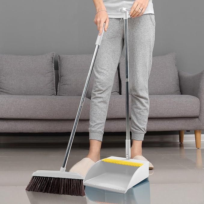 42.7'' Broom with Dustpan Combo Set, House Warming Gifts New Home, Dust pan and Broom Set, Long Handle Broom with Stand Up Dustpan Combo Set for Office Home Kitchen Lobby Floor Use (Khaki)