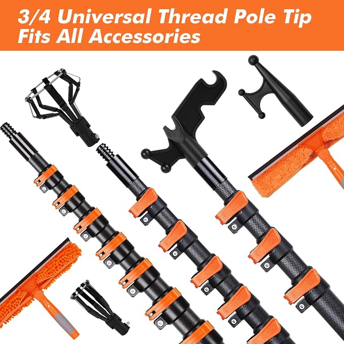 24FT Carbon Fiber Window Washing Kit with Extension Pole Outdoor | carbon fiber pole, ultralight, sturdy anti-corrosion, no ladder needed, 3/4 threaded tip fits plenty of tool accessories