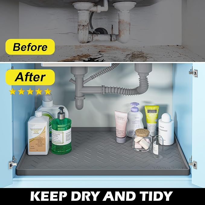 TigeJoy 28" x 22" Under Sink Mats for Kitchen Waterproof, Leak-Proof Silicone Mat Sink Protector and Cabinet Liner, Kitchen Essentials Organizer and Storage, Boot or Shoe Tray, Pet Feeding Mat