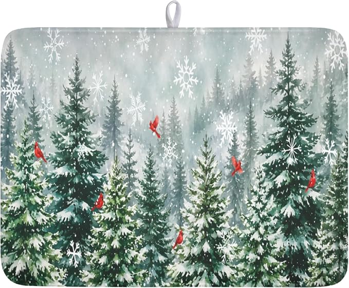 Winter Forest Snowflake Dish Drying Mat for Kitchen Counter 18"x24" | Christmas Green Pine Trees Birds Dish Drainer Mat Rustic Winter Holiday Absorbent Washable Drying Pad