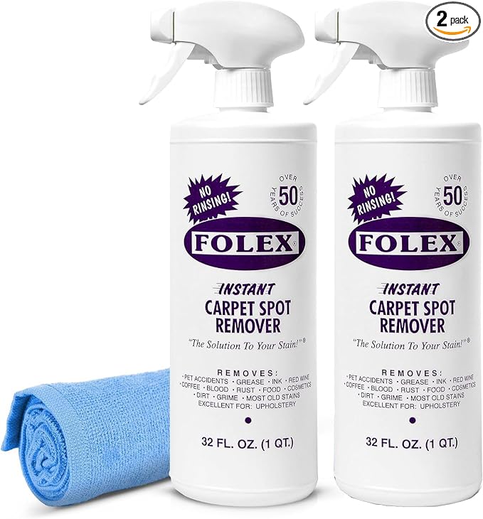 FOLEX Instant Carpet Spot Remover 32 oz – Powerful Stain Remover for Carpets, Upholstery & Rugs – Eliminates Pet Stains, Grease, Red Wine, Food, Makeup & More – With Reusable Cleaning Cloth - 2 Pack