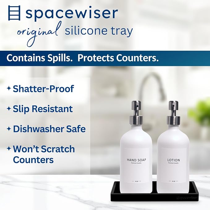 Spacewiser Countertop and Vanity Tray – Small 7.7” Silicone Tray, Soap Dispenser Trays, Bathroom Trays, Kitchen Soap Holder Sink Organizer Counter Caddy for Soaps Bottle Keys, Sponge Holder Dish Black