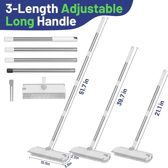 3 in 1 Floor Scrub Brush with Long Handle & Squeegee | Heavy-Duty, Adjustable, 360° Rotating Head for Cleaning Tile Bathroom Deck Kitchen Patio, White