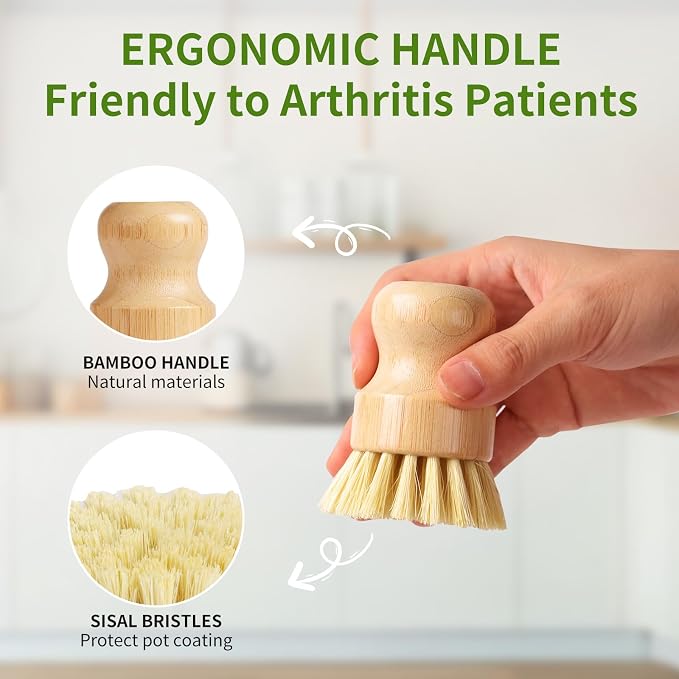 4 Pack Bamboo Dish Brush, Dish Scrubber Brush with Sisal Bristle, Natural Scrub Brush for Kitchen Cleaning Dishes, Pots, Pans, Bottles, Vegetables