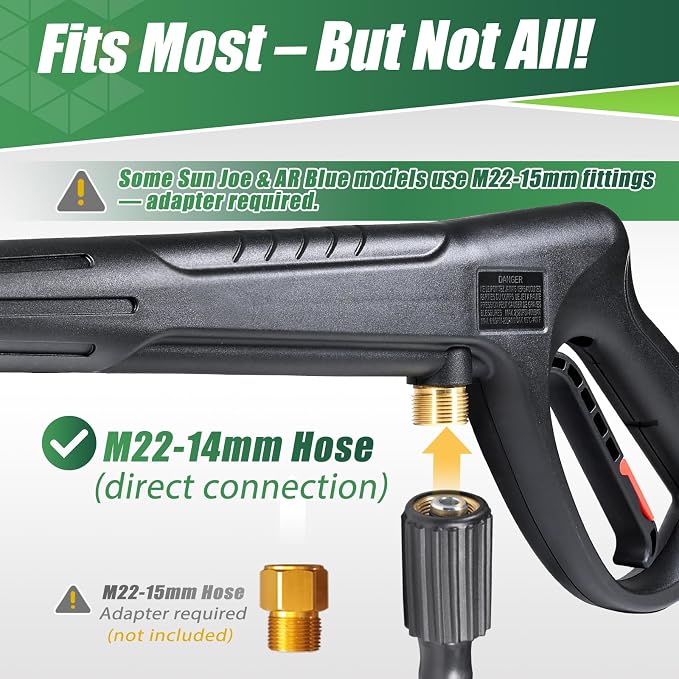 Pressure Washer Gun Wand & 3-in-1 Adjustable Nozzle, M22-14mm | Compatible with Ryobi, Powerstroke, Greenworks, Husky, Raptor Blast, Electric Power Washer