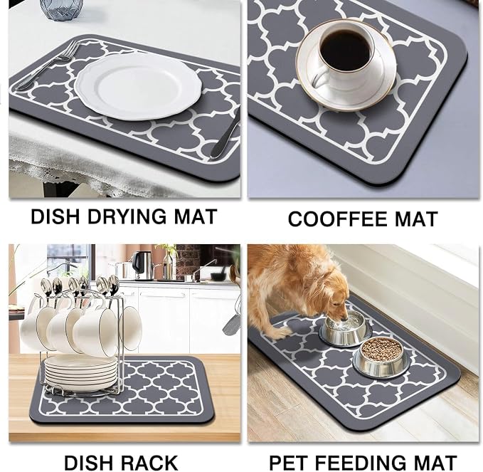 Dish Drying Mat 2-Pack in Grey Quatrefoil for Kitchen Counter Dishes Mat | Diatom Mud Mats (18x24, 19.5x12"). Non-slip rubber back for kitchen counter, coffee bar & sink scenes