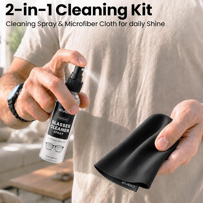 EVEO Glasses Cleaner Spray - Eyeglass Cleaner (No Streaks)| x2 Eye Glass Cleaners Spray + x2 Lens Cleaner Microfiber Cleaning Cloth, Glasses Cleaning Kit Eye Glasses Cleaner Spray & Cloth - 4oz(2ozx2)