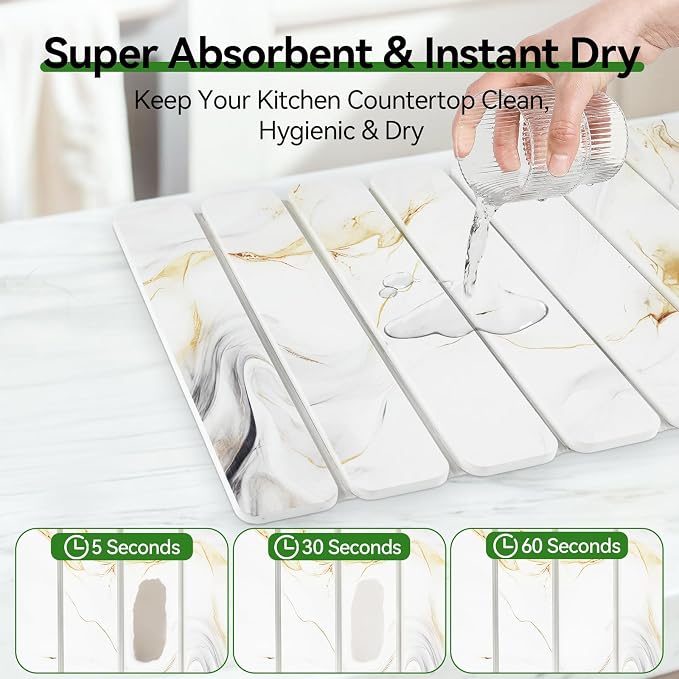Large Stone Drying Mat for Kitchen Counter, 16"x12" Collapsible Diatomaceous Earth Drying Mat, Instant Absorbent Dish Drying Pad, Stone Drying Rack Space Saver Drying Board for Kitchen Sink, White