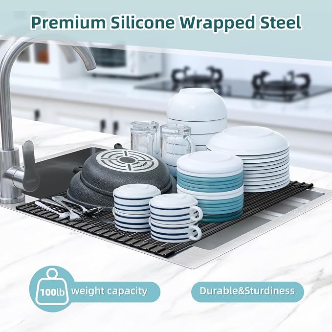 Ohuhu Sink Drying Rack, 20.5" W x 16.1" L Over Sink Roll-Up Dish Drainer - Rolling Foldable Accessories Heat-Resistant Mat Anti-Slip Silicone Coated Multipurpose for Kitchen Counter