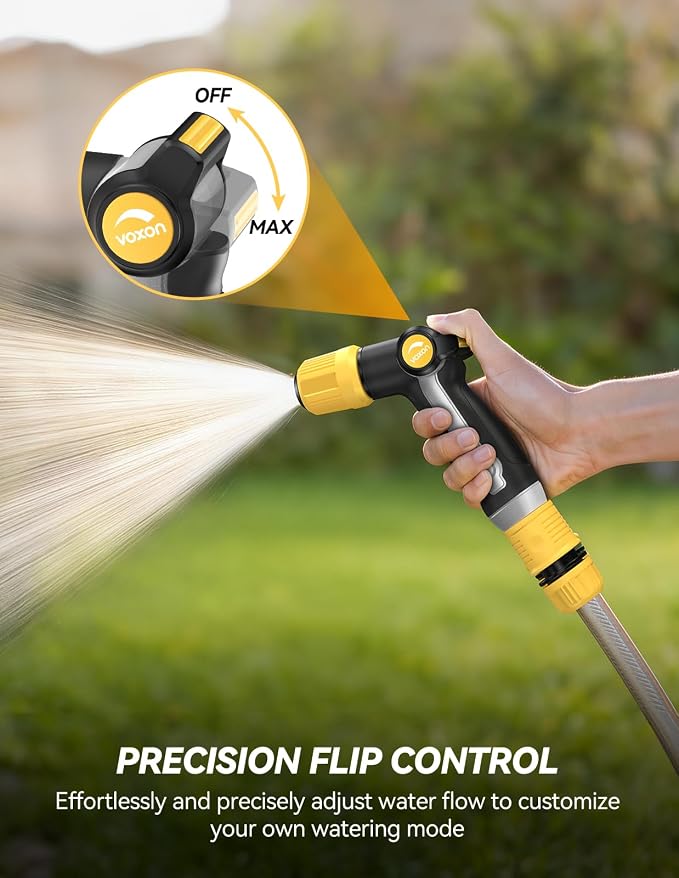 VOXON Garden Hose Nozzle with High Pressure Jet, 100% Heavy Duty Metal | Zinc Alloy & TPR Rubber, With Thumb Flow Control, Adjustable Spray Patterns for Garden Watering, Car Washing, Yellow Black