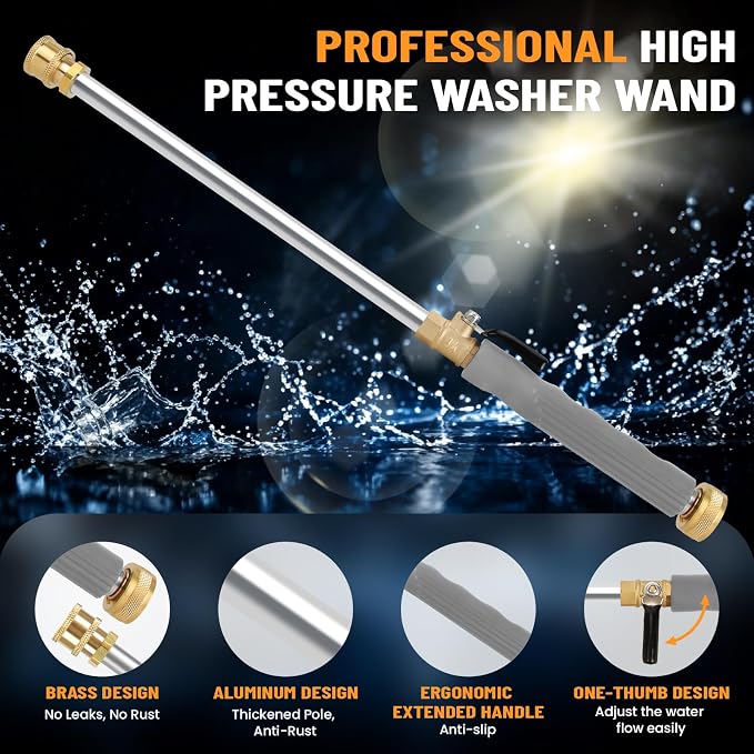 2026 Upagraded Jet Nozzle Power Washer for Garden Hose, Pressure Washer Wand with 3 Different Nozzles and Hose Quick Connectors for Car, Patio,Pet,Window, Grey