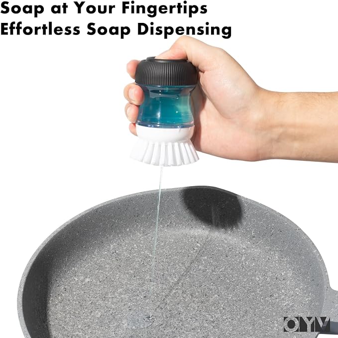 OYV Dish Scrub Brush with Soap Dispenser, Kitchen Brush for Dish Pot Pan Sink Cleaning, 1 Piece Soap Dispensing Palm Brush, Black/Clear/White