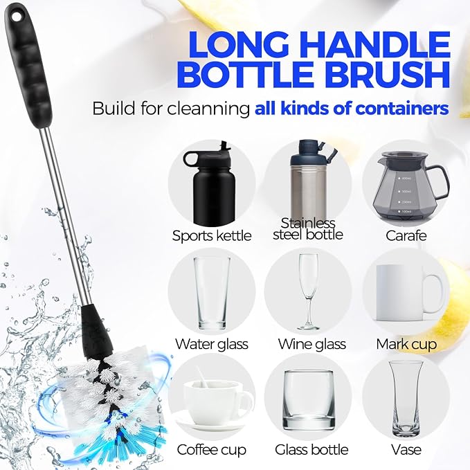 Holikme 6 Pack Bottle Brush Set, 14" Long Handle Stainless Steel Bottle Cleaner Brush, 3 Straw Brushes, 4-in-1 Bottle Cleaning Brush for Water Bottle, Baby Bottle, Blue&White