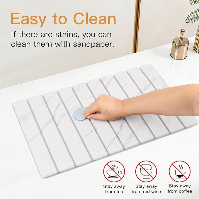 Stone Dish Drying Mat for Kitchen - Diatomaceous Earth Drying Mats | White Color, Counter Mats Quick Dry, Foldable Design, Super Absorbent, (24"×16"/ 8"x4" / 1 Drain Rack) , for Dishes Cups