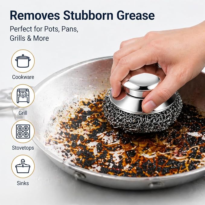 Steel Wool Scrubber, 6-Pack Stainless Steel Scrubber Pads with Handle - The Ultimate Scouring Solution for Rust, Stubborn Messes on Cookware, Grill, Oven & Kitchen Sinks