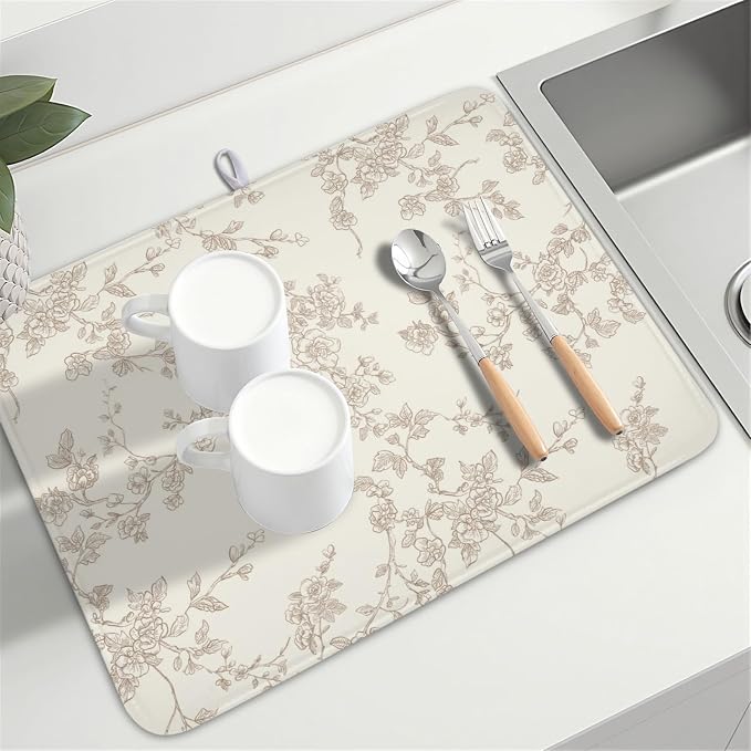 Brown and Cream Chinoiserie Floral Dish Drying Mat 18x24 Inch | Polyester，Absorbent Microfiber，for Kitchen Coffee Dining Bar Decor