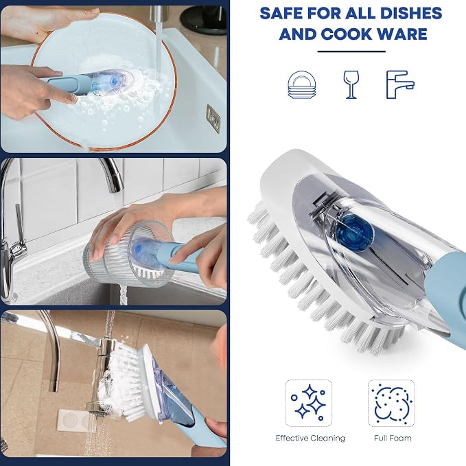 RIMAY Dish Brush with Soap Dispenser Dish Washing Brush with Handle | Soap Dispensing Dish Brush, Soap Brush for Kitchen Sink, Dish Wand Kitchen Brushes for Dishes/Pans/Pots/Sink (Blue)