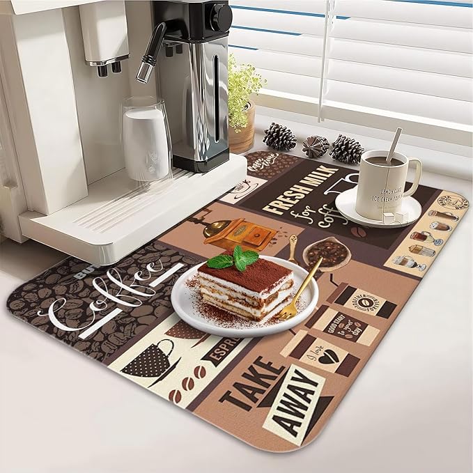 Dish Drying Mat 2-Pack in Coffee Bar for Kitchen Counter Dishes Mat | Diatom Mud Mats (18x24, 19.5x12"). Non-slip rubber back for kitchen counter, coffee bar & sink scenes