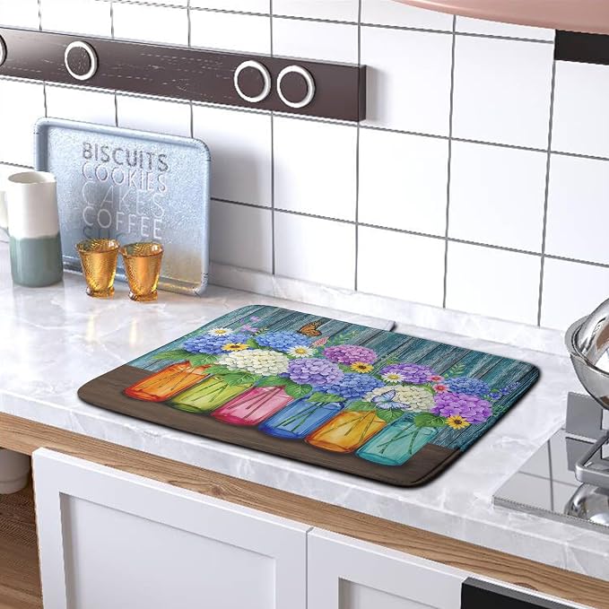 Hydrangea Dish Drying Mat Spring Summer Floral Jars Kitchen Drying Mats for Countertops Vintage Flower Vases Dish Draining Mat Microfiber Absorbent Dish Rack Pad 16x18 Inch