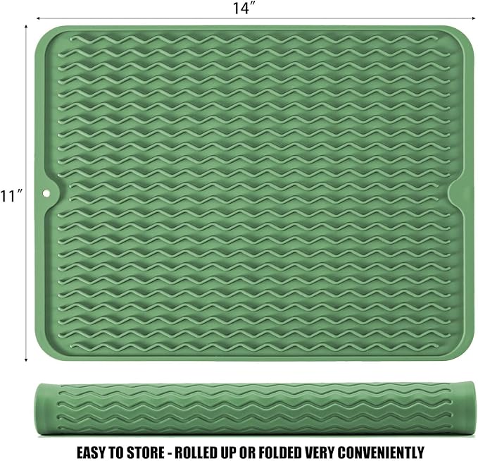 Large 14" x 11" Silicone Dish Drying Mat for Kitchen Counter, Easy clean, Quick Dry, Heat-resistant Dish Drainer Mat for Sink,Refrigerator or Drawer liner (Food Grade Silicone-Dark Green)