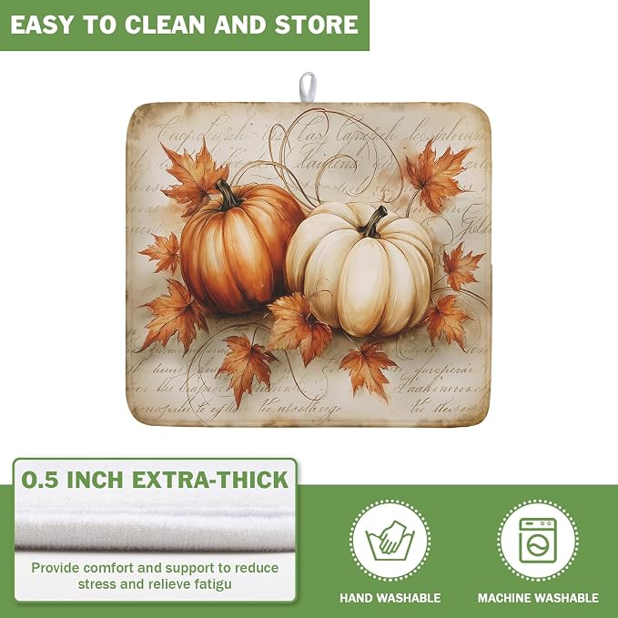 Fall Pumpkin Dish Drying Mat 16X18 Inch Vintage Autumn Drying Mat for Kitchen Counter Absorbent Maple Leaf Fall Thanksgiving Farmhouse Dishes Pad Drainer Mat Countertop Protector for Kitchen Fast Dry