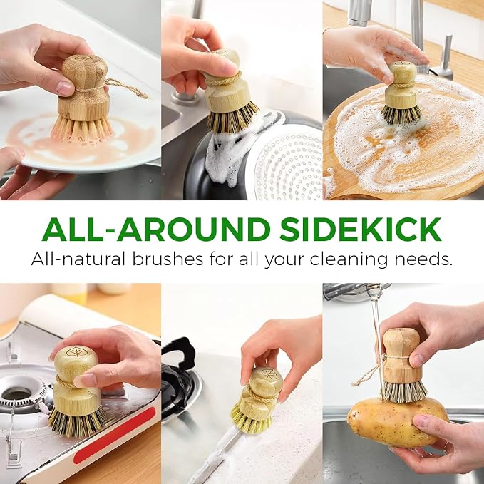 AIRNEX Bamboo Dish Brush Set of 3 - Natural Wooden Dish Scrubber w/Medium Stiff Sisal & Coconut Bristles - Kitchen Scrub Brush for Dishes, Pots & Pans - Plastic Free, Non Scratch Bristles