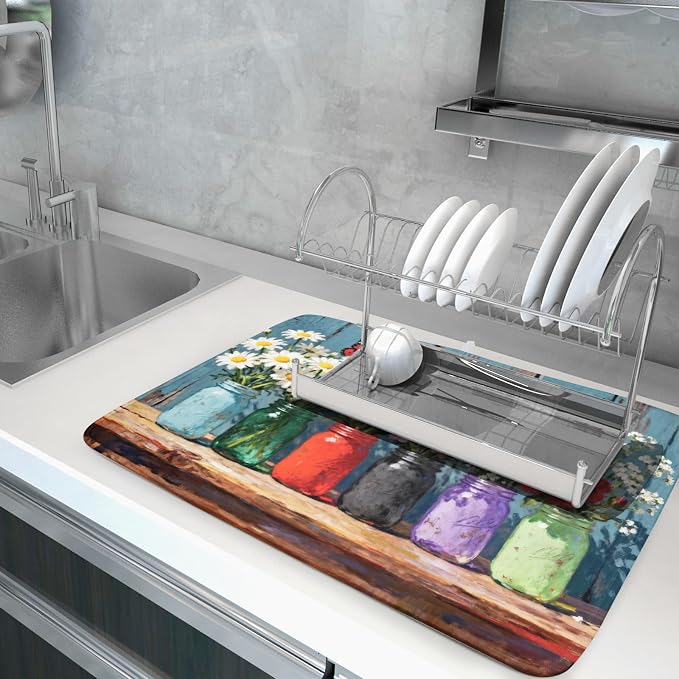 Floral Dish Drying Mat for Kitchen Counter 18x24, Spring Summer Farmhouse Decorative Absorbent Reversible Microfiber Kitchen Countertop Protector Dishes Drainer Pad
