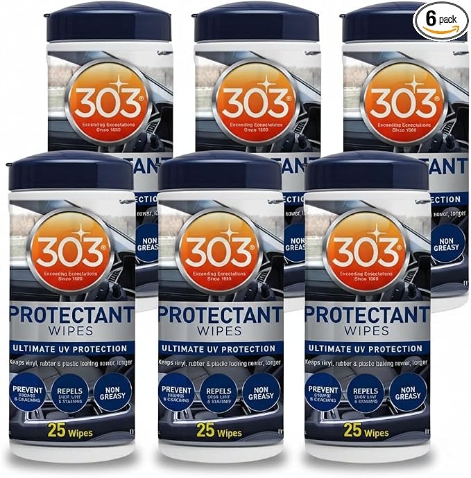303 Products Automotive Protectant Wipes - Helps Prevent Fading & Cracking, Repels Dust, Lint & Staining, Superior UV Protection, Exterior & Interior Car Cleaning Supplies, 6PK
