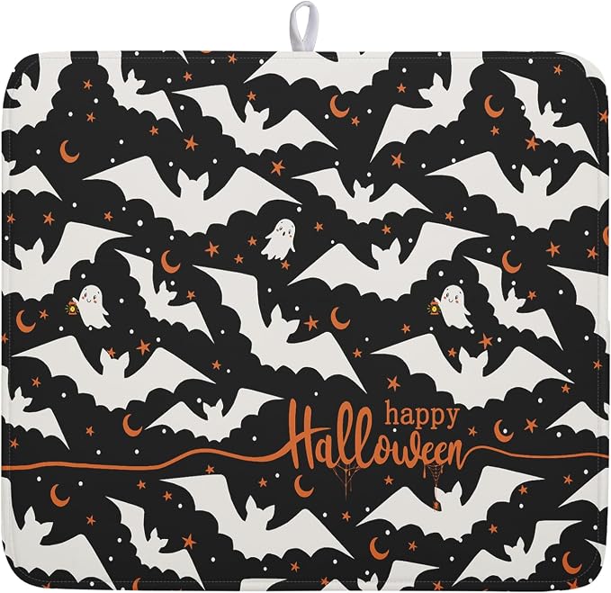 Halloween Black Bats Dish Drying Mat 16x18 Inch Happy Halloween Spooky Bat Microfiber Drying Mat for Dishes Absorbent Fast Dry Dish Rack Mat Drainer Pad Kitchen Decor Accessories for Halloween
