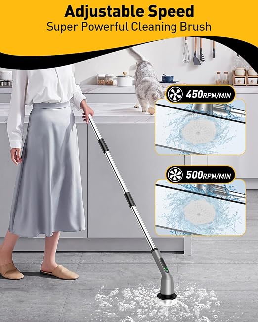 Shower Scrubber with Long Handle, Shower Cleaner Brush with 8 Floor Machine Pads, Cordless Electric Spin Scrubber for Cleaning with 2 Speed, Cleaning Supplies for Bathroom Bathtub Kitchen Floor Toilet