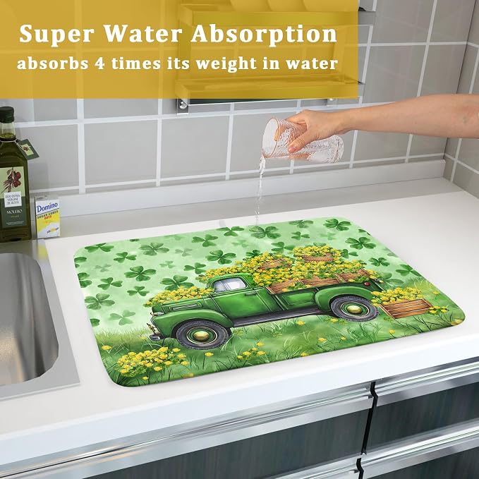 Green Holiday Dish Drying Mat Lucky Clover Truck Drying Mat for Kitchen Counter 18 X 24