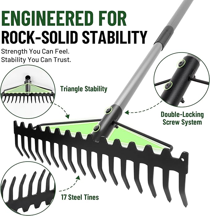 Walensee Heavy Duty Dual-Sided Bow Rake, 63" Stainless Steel Handle, Heat-Treated Manganese Steel Head, 17 Steel Tines Metal Garden Rake for Soil Loosening, Yard Leveling, Lawn Care and Thatch Removal