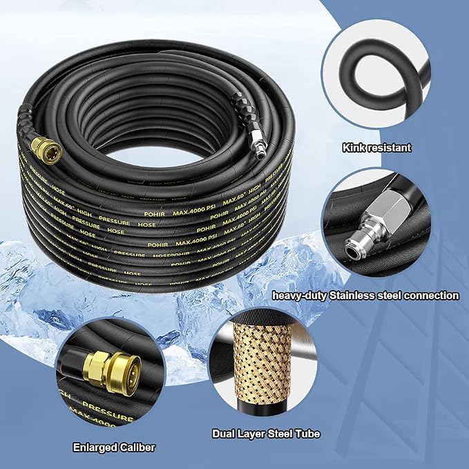 Power Washer Hose 100FT with 3/8'' Quick Connect, High Tensile Wire Braided Car Wash Water Hose with 2 Quick Connect Kits Compatible M22 14 mm, 1/4 Inch Hose for Pressure Washer, 4200 PSI | 2pcs 3/8'' QC to M22 14mm Adapters, 4200PSI Steel Wire Power W...