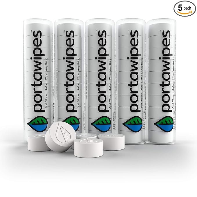 Portawipes Coin Tissues | 50 Pack with 5 Carrying Cases | Toilet Paper Tablets | Compressed Towels | Expandable Wipes | Soft & Odor Free