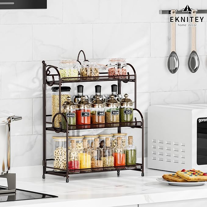 EKNITEY Bathroom Organizer Shelf Countertop - 3 Tier Spice Rack No Assembly | Kitchen Counter Organizer, for Skincare Makeup Vanity, Sturdy Metal Frame, Easy to Clean, Space-saving, Foldable, Brown