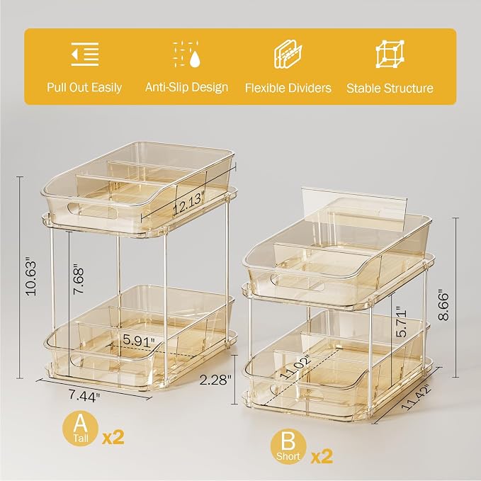 Delamu 2-Tier Under Sink Organizers and Storage, Multi-Purpose Stackable Bathroom Cabinet organizers, Pull Out Kitchen Pantry Organization and Storage with Dividers(4 Pack, Amber)