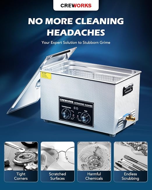 CREWORKS 30L Ultrasonic Cleaner with Heater & Timer, 600W 304 Stainless Steel Sonic Cleaner, 7.9 gal Ultrasonic Parts Cleaner with Knobs, Professional Lab Ultrasonic Cleaner for Auto Tool Machine Part