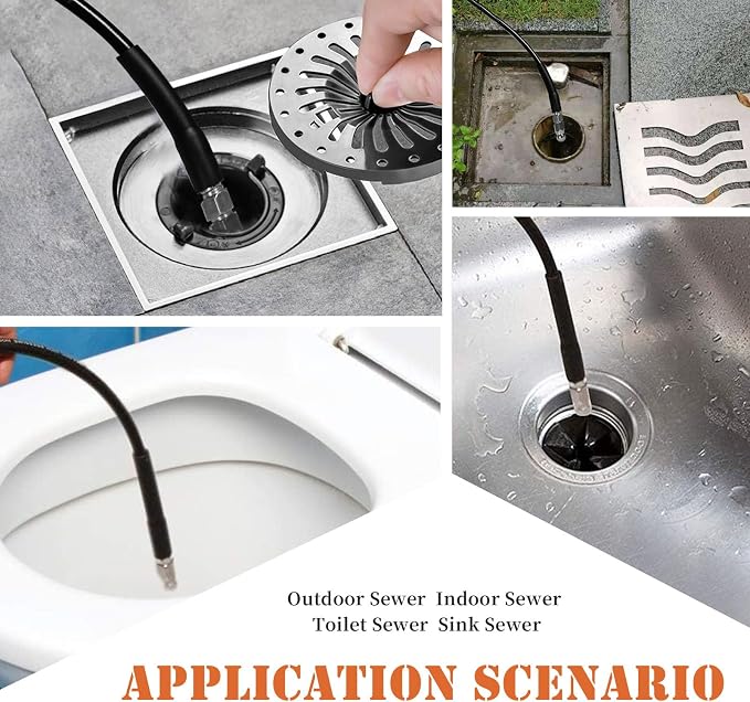 50FT Sewer Jetter Kit for Pressure Washer, 5800PSI Drain Cleaner Hose 1/4 Inch NPT Corner, Rotating and Button Nose Sewer Jetting Nozzles, Waterproof Tape and 2 Spanners (Black)