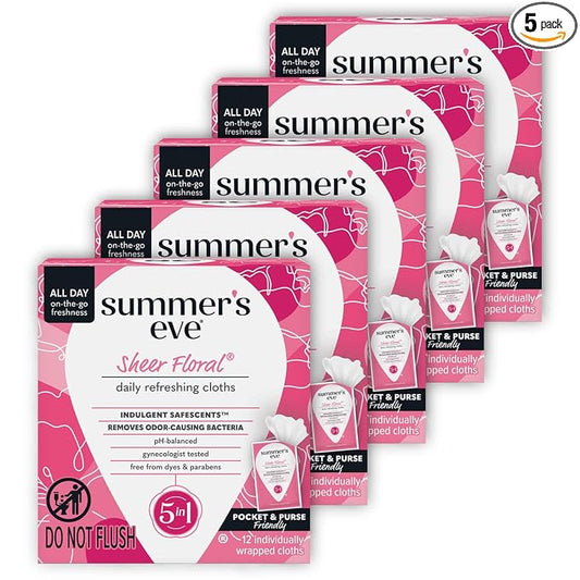 Summer's Eve Sheer Floral Feminine Wipes, Gentle pH-Balanced Formula Helps Control Vaginal Odor, Individually Wrapped Wipes, 12 Count (Pack of 5)