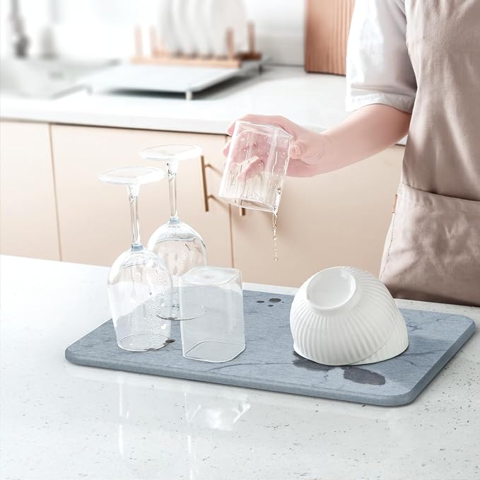 Quick Dry Stone Drying Mat for Kitchen Counter, Water-Absorbent Diatomaceous Dish Drying Mats, Multi-Purpose Stone Drying Tray for Cups Dishes Bottles, Ash-Marble