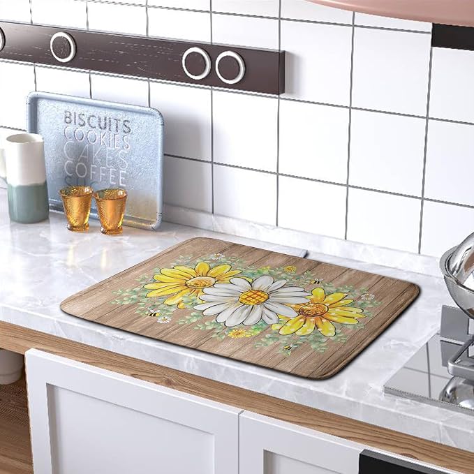 Rustic Daisy Floral Dish Drying Mat for Kitchen Counter Spring Summer Sunflower Dish Drying Mat Bee Absorbent Microfiber Dish Mat Reversible Dish Drainer Rack Mat Large 18x24 Inch