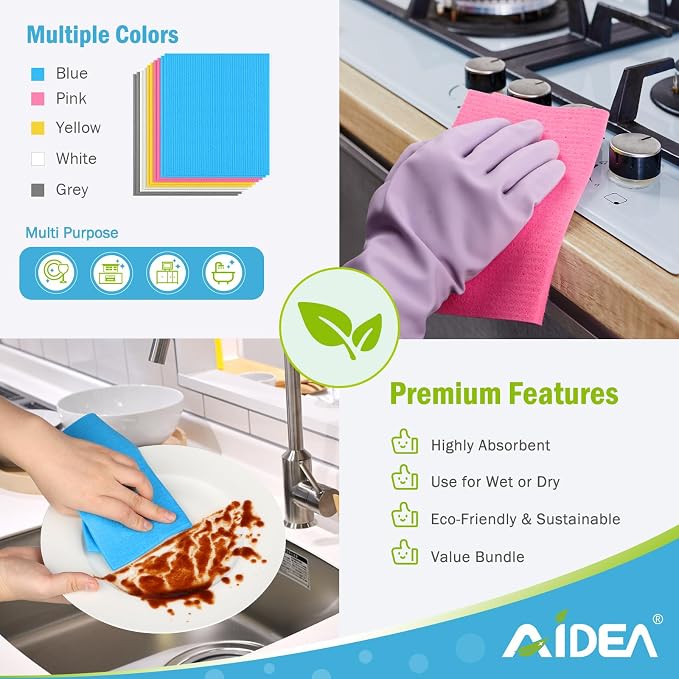 AIDEA Swedish Dishcloths for Kitchen-10PK, Reusable Paper Towels 7" x 6" | Absorbent Sponge Dish Cloth, Dish Rags for Washing Dishes, Swedish Dish Towels for Home, Kitchen, Glasses Wipes
