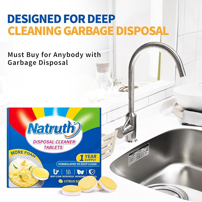 NATRUTH Garbage Disposal Cleaner Tablets - 24 Count - Lemon Scent - Removes Odor & Grease - Safe & Natural - Easy to Use - Deep Cleaning & Freshening - Septic Safe