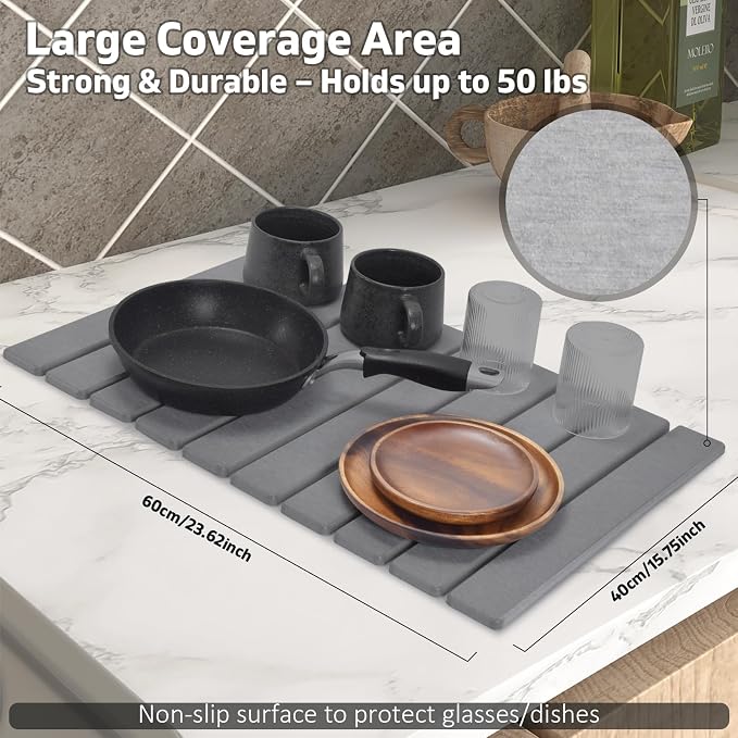 Large Stone Dish Drying Mats for Kitchen Counter, 24"(L)×16"(W) Collapsible Quick Dry Dish Drying Mat, Eco-Friendly Absorbent Diatomaceous Earth Mat for Dishes Bottles Cups, Match Any Countertop