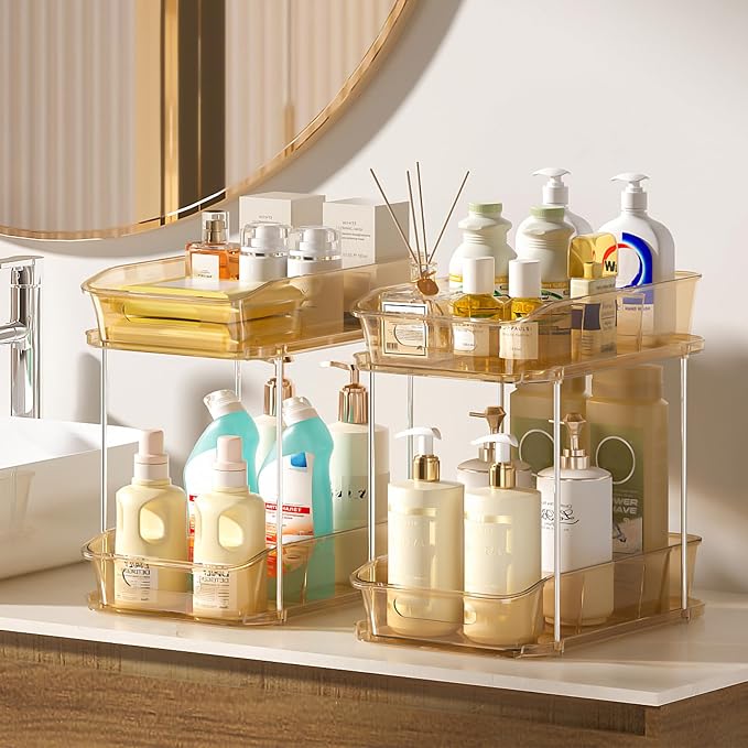 Delamu 2-Tier Under Sink Organizers and Storage, Multi-Purpose Stackable Bathroom Cabinet organizers, Pull Out Kitchen Pantry Organization and Storage with Dividers(3 Pack, Amber)