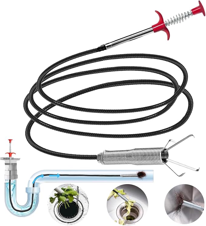 118" Drain Snake Hair Remover Tool, Flexible Clog Remover with 4-Claw Grabber, Long Reach Drain Cleaning Tool for Sink, Bathtub, Shower, Toilet and Tight Spaces