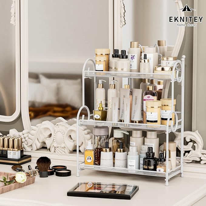 EKNITEY 3-Tier Bathroom Organizer - Sink Organizer Spice Rack(No Assembly) | for Bathroom Kitchen Bedroom Countertop Storage, Sturdy Metal Frame, Easy to Clean, Space-saving, Foldable, White